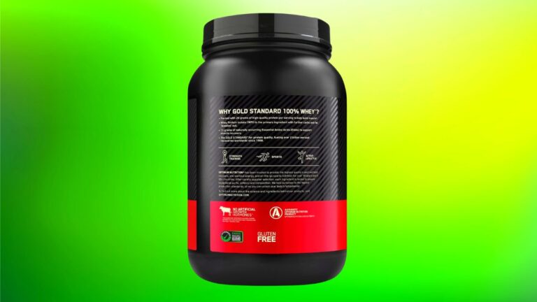 Imagen del bote de Optimum Nutrition Gold Standard Whey sobre un fondo colorido, destacando las características clave del producto como sin hormonas artificiales y sin gluten, resaltando su calidad y valor