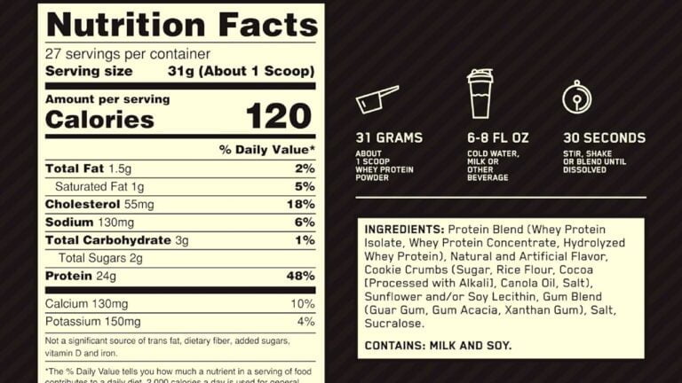 Tabla de información nutricional de Optimum Nutrition Gold Standard Whey con detalles de ingredientes y valores nutricionales, mostrando 24 gramos de proteína por porción y un fondo con instrucciones de mezcla