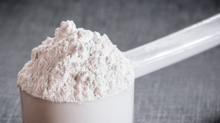 Cuchara de creatina en polvo sobre fondo gris.