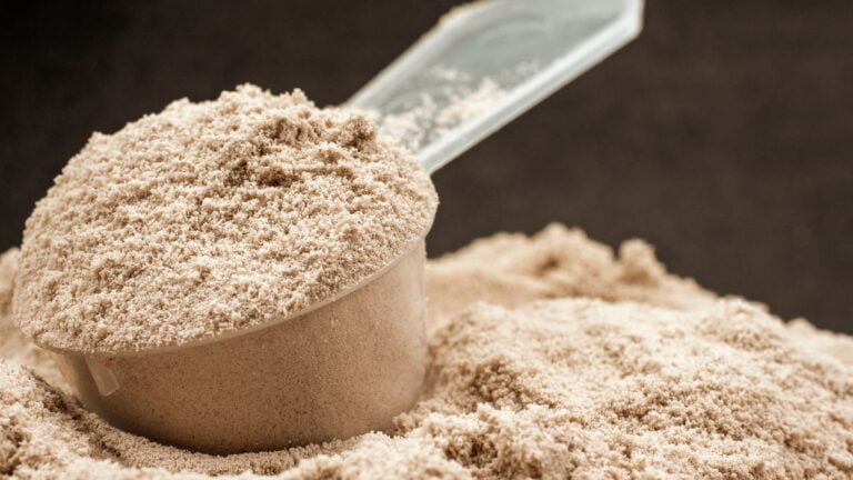 Cucharada de proteína whey en polvo, equivalente nutricional a alimentos ricos en proteínas.