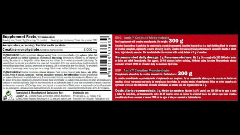 Etiqueta detallada de suplemento de monohidrato de creatina con instrucciones de dosificación y componentes.