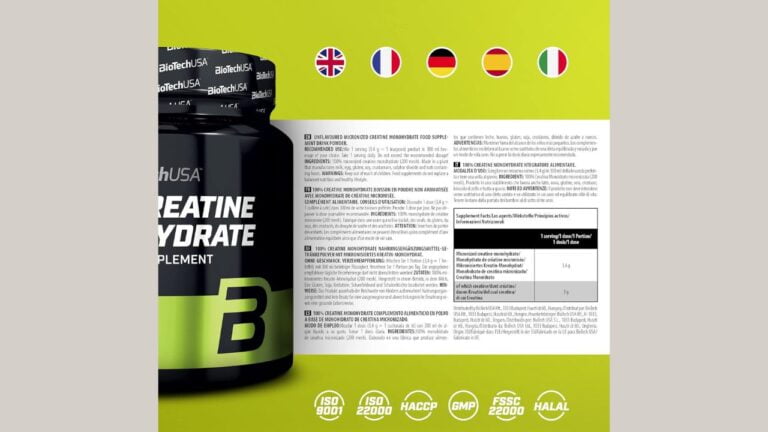 Etiquetas multilingües de suplemento de monohidrato de creatina de alta calidad, con certificaciones de seguridad y calidad.