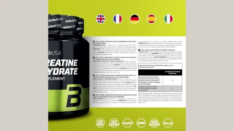 Etiquetas multilingües de suplemento de monohidrato de creatina de alta calidad, con certificaciones de seguridad y calidad.