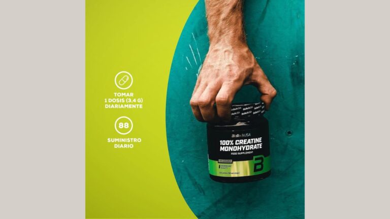 Toma diaria recomendada de creatina Biotech con indicación de suministro para 88 días.