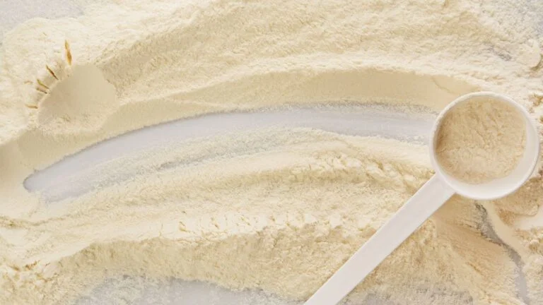Montón de proteína de chocolate esparcida junto a una cuchara medidora, ingrediente para suplemento nutricional.